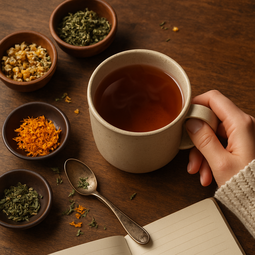 A hand holding a ceramic mug of herbal tea surrounded by bowls of dried herbs on a rustic wooden table